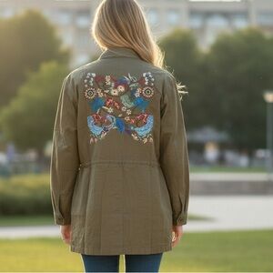 Hayden Olive Utility Jacket with Colorful Embroidery